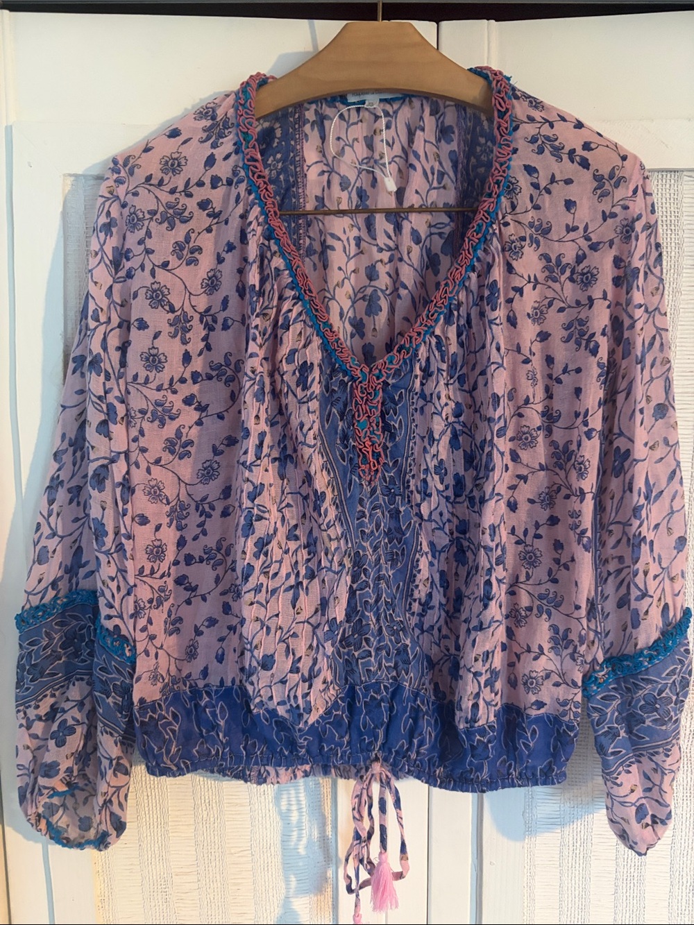 Poupette St. Barth Dalia Ruffle Trim Blouse Pink and Blue Floral Peasant  XS